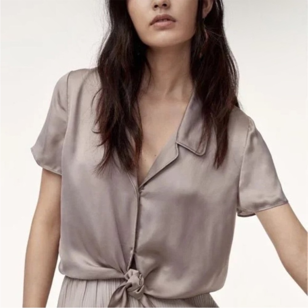 Aritzia Satin Blouse - Silver Tie Front  Champagne